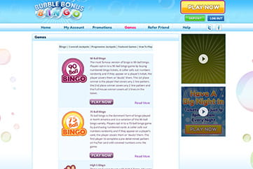 Options for bingo lovers on Bubble Bonus Bingo