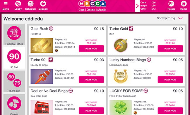 Mecca Bingo Mobile App Lobby
