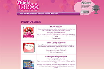 A long list of specials on Think Bingo.